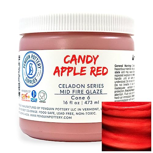 Penguin Pottery - Celadon Series - Candy Apple Red - Mid Fire Glaze, High Fire Glaze, Cone 5-6 for Mid Fire Clay, High Fire Clay - Ceramic Glaze Pottery (1 Pint | 16 oz | 473 ml)