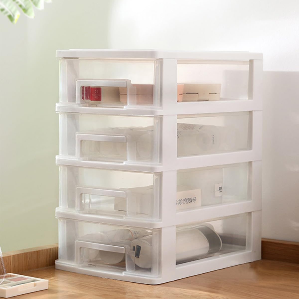 Artibetter Mobiletto Portaoggetti da Scrivania in Plastica Trasparente Bianco, Cassettiera 4 Cassetti, Organizer per Cosmetici e Piccoli Oggetti, Salvaspazio per Ufficio, Studio e Casa