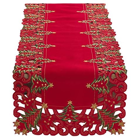 Fennco Styles Pandora Collection Holiday Christmas Tree Table Runner 16" W x 88" L - Red Table Cover for Home, Dining Room, Banquet Décor, Family Gathering and Special Occasion Cover