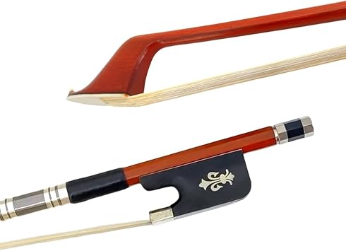 3/4 Size French Bass Bow - Premium Brazilwood Double Bass Bow with Leather Grip, Colored Silk Winding, Ebony Frog & White Horsehair - Lightweight