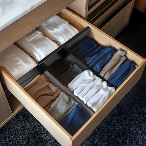 Image of Utoplike Bamboo Dresser Drawer Dividers, 4'' High Adjustable Drawer Organizers for Clothing, Spring Loaded, Works in Kitchen, Bathroom, Bedroom, Drawer, Desk, 4 PCS, Black