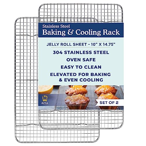 Image of Ultra Cuisine Cooling & Baking Rack Set - Sheet Pan - 10'' x 14.7 inch | 100% Stainless Steel, Oven-Safe, Dishwasher-Safe, Heavy Duty Tight-Wire, Set of 2, Half Sheet Pan Cooling Racks, Easy Clean