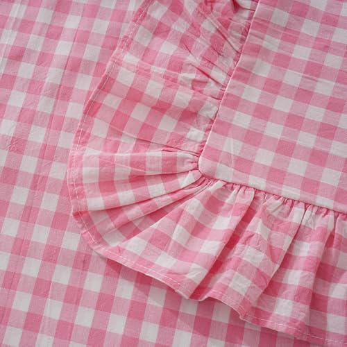 2 Pack Pink/White Plaid Ruffled Checkered Throw Pillow Cover 20 x20 inches, Washed Cotton Vintage Farmhouse Pillow Sham Decorative Gingham Pillowcases for Bed/Living Room