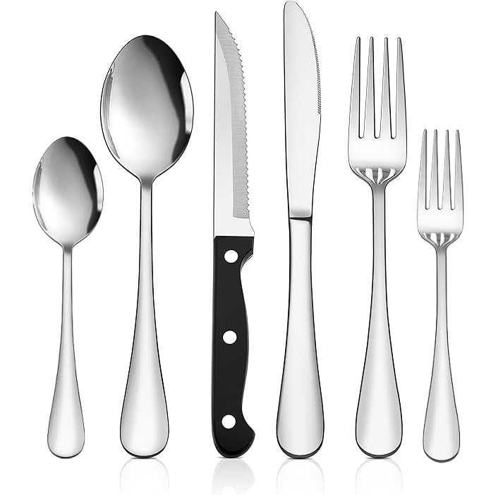 Lista de Tenedores de mesa - los más vendidos. 44 Juego de cubiertos de plata de 48 piezas con cuchillo para carne - Juego de cubiertos de acero inoxidable - Utensilios de plata brillantes con cuchillo de mesa/cucharas/tenedores...