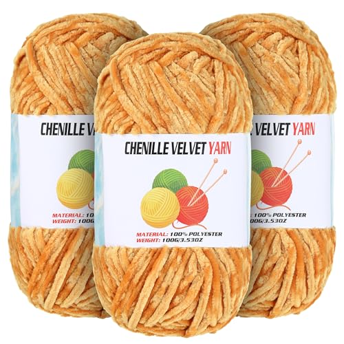 Image of 3 * 100g Velvet Chenille Chunky Yarn for Crocheting, Handcrafts Weaving Soft Chenille Yarn for Crocheting Clearance, Used for Making Baby Yarns Blanket, Clothes, Knitting Creations (Turmeric)