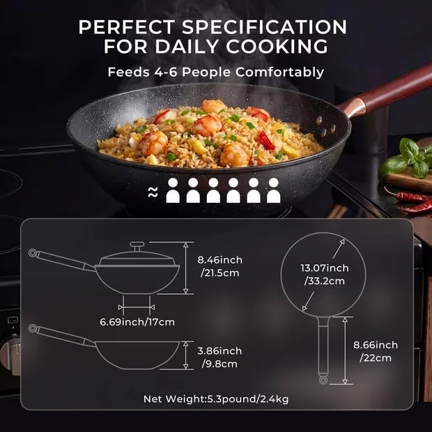 13.07-Inch Carbon Steel Wok Pan with Lid: Woks & Stir-Fry Pans Nonstick with Steamer for Cooking Pan Set, Large Deep Chinese Frying Saute Pan Wok Skillet, Induction Compatible, Stay-Cool Handle, Gifts - Image 2