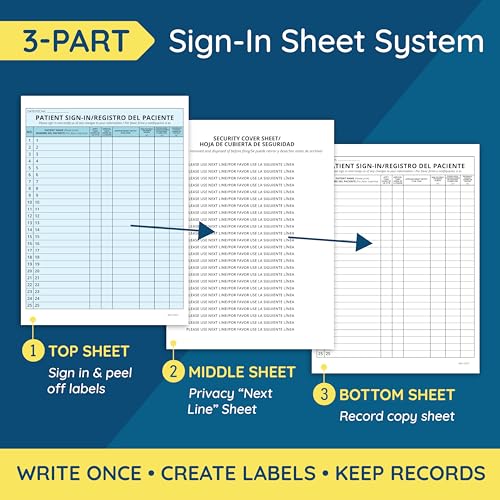 Image of Blue Summit Supplies 125 Bilingual Patient Sign in Sheets, HIPAA Compliant, English and Spanish, Peel Off Adhesive Labels Carbonless 3 Part Forms with, for Doctors Office, Blue, 125 Pack