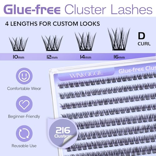 Image of Self Adhesive Lash Clusters 216pcs Natural Pre Glued Eyelash Clusters, Wispy D Curl Press on Lashes No Glue Needed No Remover, 10-16mm, WINKGIGGLE A01 with Tweezers