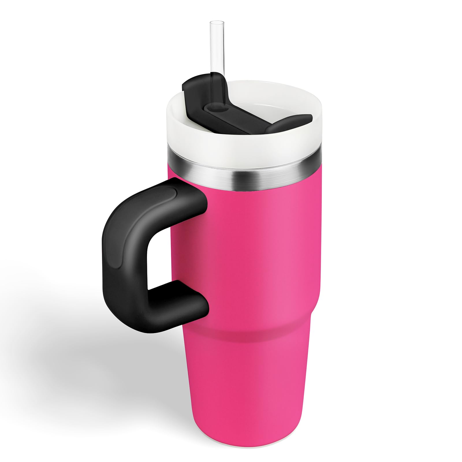 Tumbler avec poignée et paille - Avec couvercle et paille - En acier inoxydable 304 - Pour l'école, le sport en plein air (noir barbe)