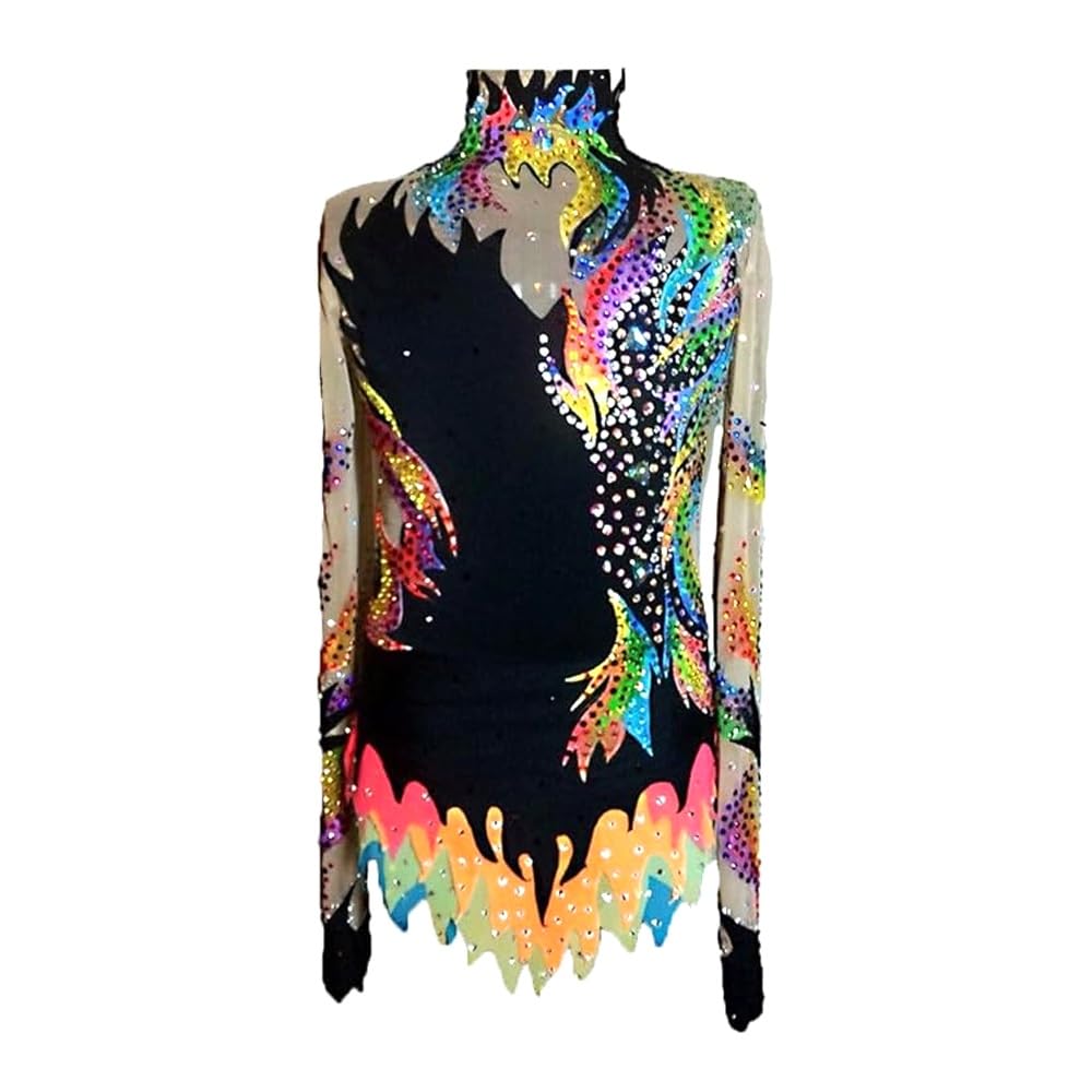 Justaucorps De Gymnastique Rythmique Femme Fille Justaucorps Noir Spandex Haute Élasticité Respirable Fait À La Main A Bijoux Style Diamant Manches Longues