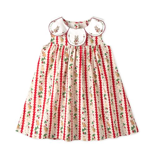 Miipat Toddler Girls Easter Rabbit Dress Floral Embroidered Cotton Casual Dress Sleeveless Vintage Kids Summer Sundress(Redrabbit,18-24Months)