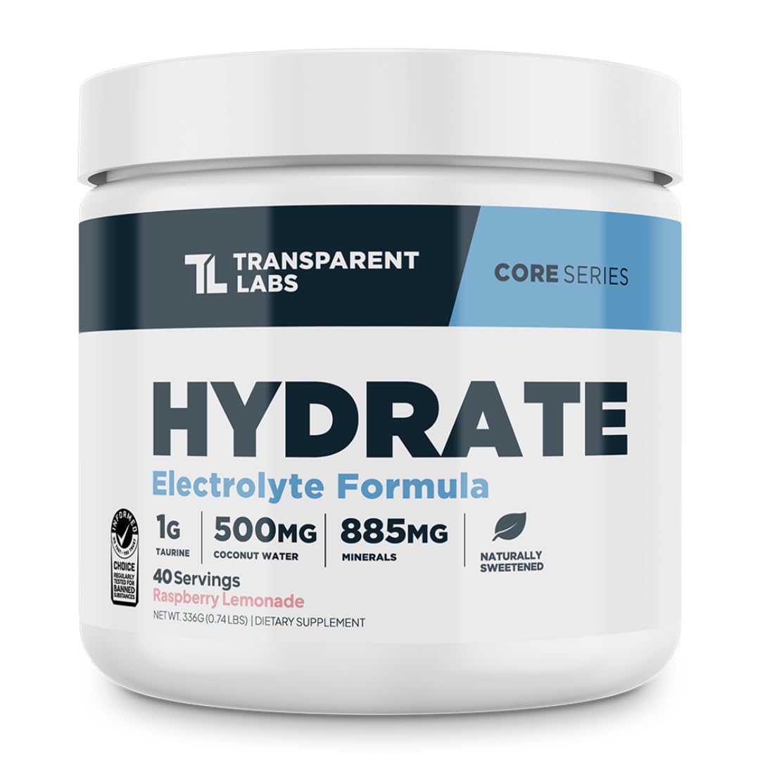 Polvo de electrolitos sin azúcar Hydrate de Transparent Labs - Electrolitos en polvo hidratante con agua de coco, calcio, taurina y potasio - 40 porciones, sabor limonada de frambuesa