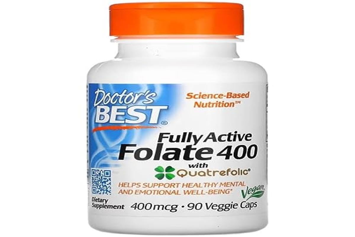 Doctor's Best Fully Active Folate 400 avec Quatrefolic, soutient la santé cardiovasculaire et nerveuse, 90 gélules végétaliennes, vitamine B bioactive pour une meilleure absorption