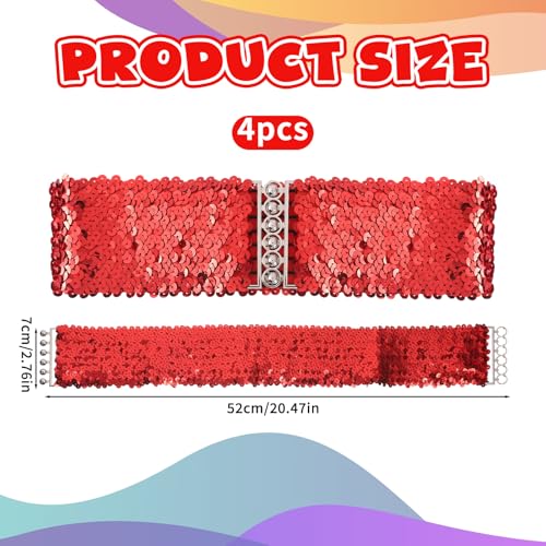 4 Pcs Glitter Sequin Belt, Wide Waist Elastic Belt Disco 70s 80s Metal Buckle Belts Clothing Accessories for Women Girl Bridal Dance Party Dresses Costume (Gold,Silver,Black,Red)2