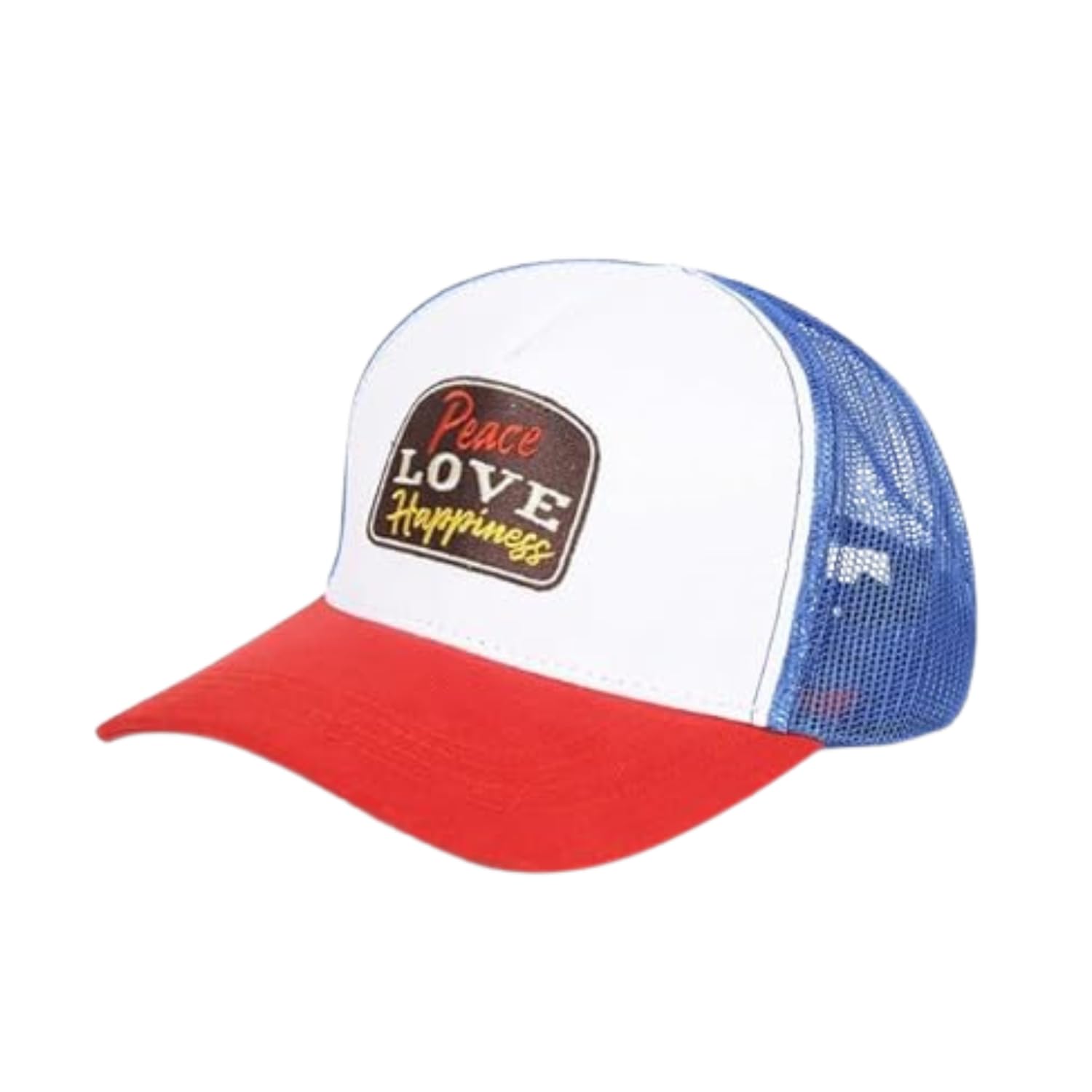 Unisex Trucker Cap | Half Mesh Cotton Twill Cap with Adjustable Grommet Strap | Peace Love Happiness Embroidered Design | Stylish Sports Cap | Universal Fit