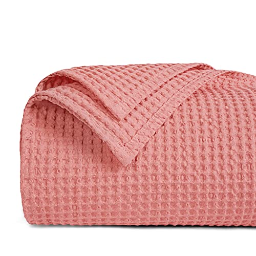Phf 100% Cotton Waffle Weave Throw Blanket 50" X 60"- Washed Warm Soft Lightweight Breathable Blanket For Adults And Kids-Perfect Blanket Layer For Couch Bed Sofa - Coral Pink #TOP10