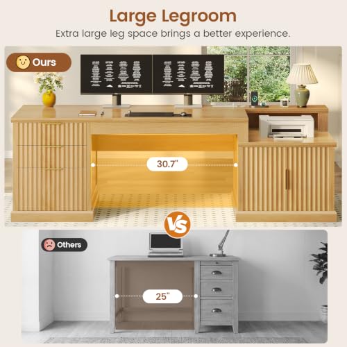 Image of SEDETA 70.9 inch Executive Desk, Fluted Office Desk with Drawers, Fluted Oak