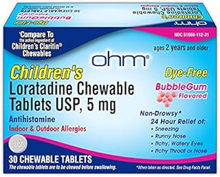 OHM Children’s Chewable Tablets, Dye Free, Bubblegum, Non-Drowsy 24h Relief of Sneezing, Runny Nose, Itchy Watery Eyes, Itchy Throat or Nose, Antihistamine, Indoor & Outdoor Allergies, 5mg, 30 Tablets