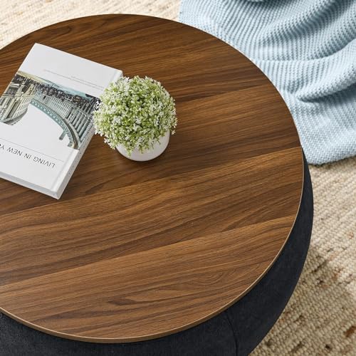 Image of Elegant Round Coffee Table with Wooden Top & Storage Ottoman | Modern Centre Tea Table for Living Room | Farmhouse Wood Drum Coffee Table Furniture for Home & Lounge | Black Finish