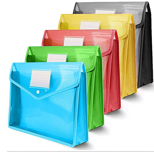 A4 Plastic Wallets,Popper Wallet Plastic Document Envelope File Folder with Snap Button and Card Slot for School Office Home（5 Pack）