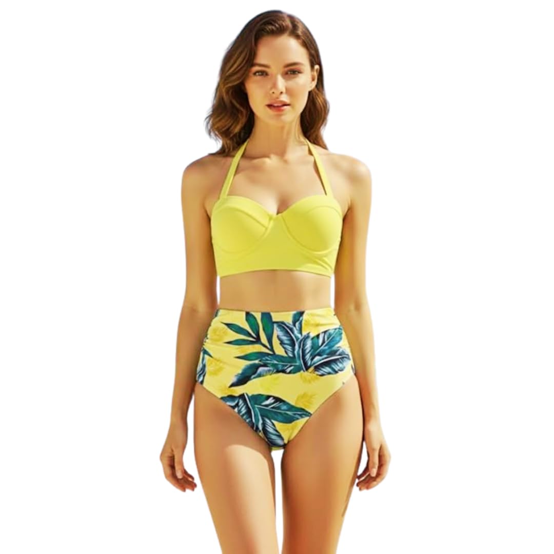 Women 2pcs Vintage Swimsuit Halter Neck with Ruched High Waist Bottom