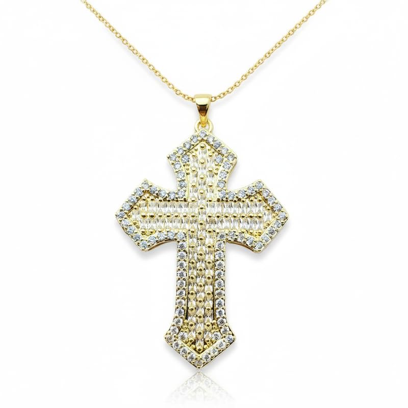Naszyjnik z wisiorkiem w kształcie krzyża Chrześcijańskiego ze srebra próby 925, pozłacany sześcienną cyrkonią, 52 x 36 mm wisiorek w kształcie krzyża z łańcuszkiem o drobnych oczkach 45 cm, biżuteria