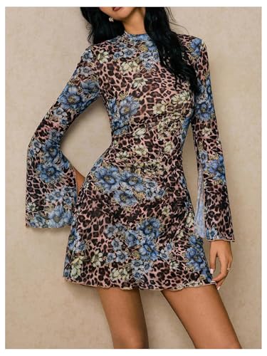 Image of BEAUDRM Women's Y2k Leopard Print Sheer Mesh Mini Dress Bell Long Sleeve Short Dresses