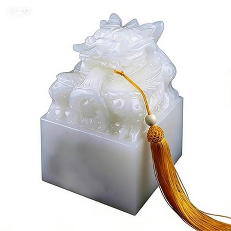 NIBHZ Natürliches afghanisches Siegel aus weißer Jade – gewickelter Drache, kaiserliches Siegel, Steinornament, Ex-Libris-Stempel (ideal zum Verschenken),12x18cm