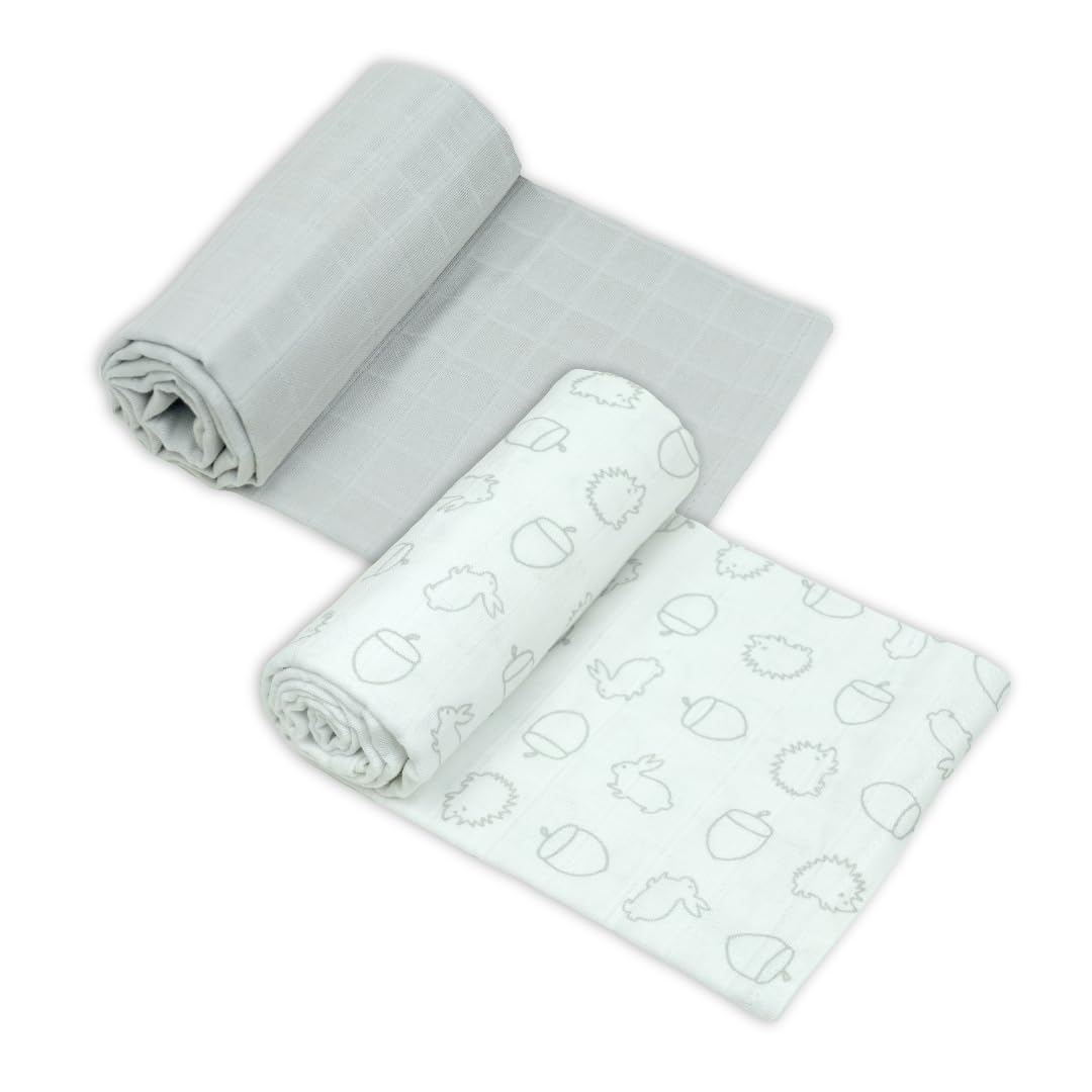 MuslinZ Baby Muslin Squares, Soft, Breathable and Absorbent Newborn Receiving Blanket, Swaddles XL 100x90cms 100% Cotton (2 Pack) (Woodland)