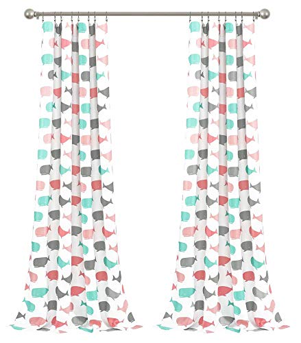 Lush Decor Pink and Aqua Whale Curtains-Animal Ocean Print Design Light Filtering Window Panel Set for Living, Dining, Bedroom (Pair), 84" x 52"