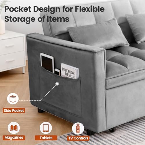 Sleeper Sofa Bed with Adjustable Backrest & Side Pockets, Gray | Adjustable Backrest & Side Pockets,Pull Out Sofa,Comfortable Fabric