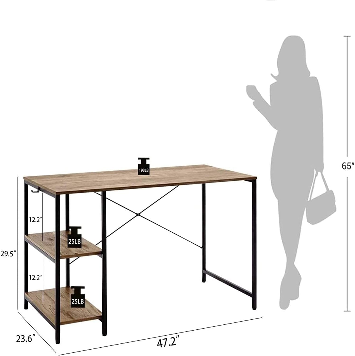 Diagram showing the dimensions of the LINSY HOME 47-inch Computer Desk, including width, depth, and height, with a human silhouette for scale.