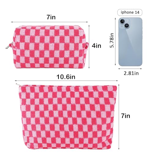 ZLFSRQ 2Pcs Makeup Bag Checkered Cosmetic Bag Set Travel Toiletry Bags for Purse Large Small Makeup Pouch for Women Cute Preppy Pencil Pouch Case Pink Zipper Skincare Bags - Image 5