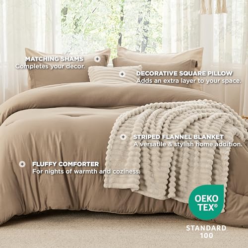 Bedsure Comforter Full Size 5 Pieces - Full Size Comforter Set with Fleece Throw Blanket and Decorative Pillow, Lightweiget Bedding Comforter Sets, All Season Bedding Sets, Khaki