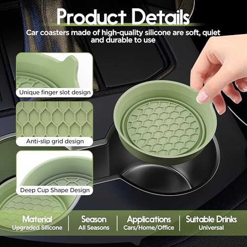 Image of Amooca 2-Pack Car Cup Coaster Silicone Spill-Proof Cup Holder Inserts | Universal Fit Most Car SUV Truck, Deep Cup Design, Heat Resistant, Non-slip, Easy Clean, Car Interior Accessories, Tea Green