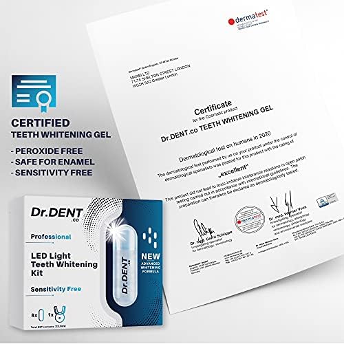 DrDent Professional LED Teeth Whitening Kit - Sensitivity Free Formula - 8 Teeth Whitening Gel Pods 33.6ml - Helps to Remove Stains - Includes Mouth Tray & Shade Guide - Rapid & Effective Results