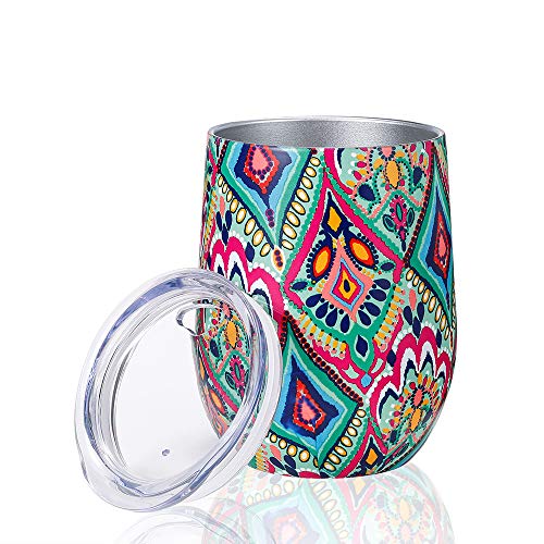 1 Pack 12 oz Wine Tumbler with Lids, Double Wall Vacuum Insulated Stainless Steel Stemless Wine Glass, Travel Coffee Mug Cup for Wine, Drinks, Champagne, Cocktails (Q22)