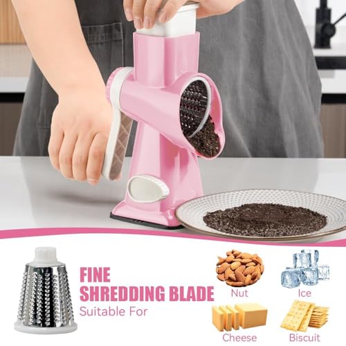 Image of KEOUKE Rotary Cheese Grater Hand Crank Pink - Shredder Slicer Grinder 3 Stainless Steel Blades, Stable Suction, Labor-Saving Handle, Safe Kitchen Tool for Cheese, Vegetable, Nuts, Chocolate