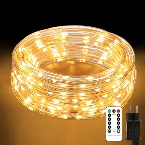 10M 200 LEDs Lichterschlauch mit Fernbedienung, Ø7.5mm Dicker Lichterkette Aussen IP65 Wasserdicht 8 Modi Dimmbar & Timer, Led Leuchtschlauch...