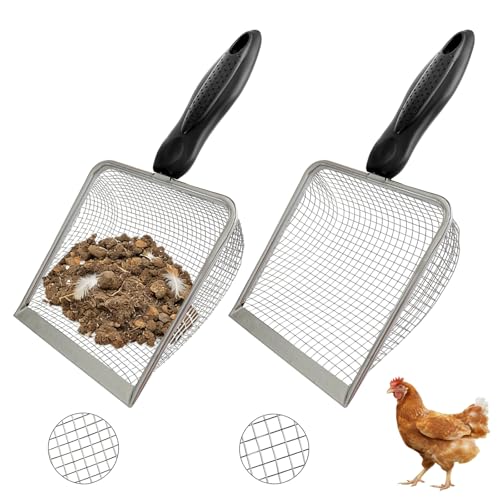 2 Pack Chicken Poop Scooper for Coop, Mesh Sifting Shovel with 3.8mm & 5mm Holes, 5.5' Metal Chicken Coop Rake and Scoop Cleaning Tool, Scooper Shovel for Sifting Sand, Litter, Chicken Supplies (5.5')