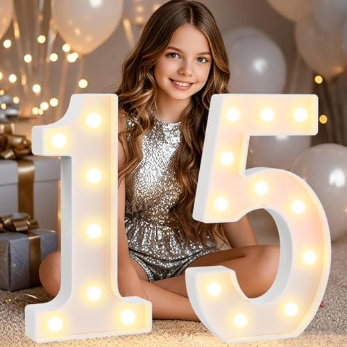 Image of Pooqla 15th Birthday Decorations for Girls Boys, Large 12.6 in Tall Light Up Numbers for 15th Party Decorations Table Decor, Big Marquee Numbers 15th Birthday Gift for Girls Wedding Anniversary Decor