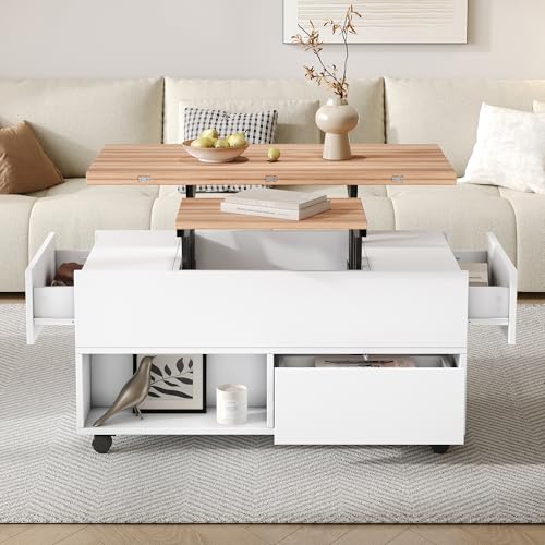 QSOST Table Basse Relevable avec Rangement, 100 x 50 x 52 cm, Table Basse avec 4 Tiroirs et roulettes, Table de Salon Multifonction Extensible Blanc et Bois,...