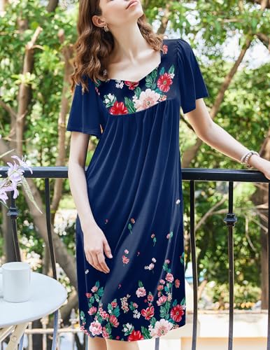 Image of Ekouaer Women's House Dress - Pleated Nightgown with Short Sleeves & Pockets