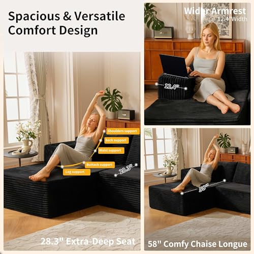 Image of 110 inch Boneless Sectional Couch Black in Box Sofa for Living Room Compression | 110 Extra Long, Luxury Corduroy, Memory Foam, Cloud Modular, Reclining Sofa, Plush Couch in Box, No Bones