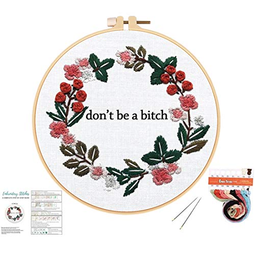 Image of Louise Maelys Cross Stitch Kit Full Range DIY Floral Wreath with Funny Sayimg Embroidery Kit for Beginner | Stamped Wreath Pattern With Hoop, Threads, Needles And Instructions, DIY Craft Project And Handmade Decor