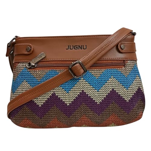 Image of JUGNU Sling Bag for Women, Jute Fabric, Crossbody Style, Slim Design, Multicolour, Medium Size, Lightweight, Adjustable Strap, Zipper Closure, 5 Pockets