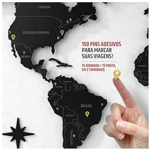 #Mapa-Múndi MDF Ultra c/Nome e Divisão Países + Espaçadores (Efeito Flutuante) + 150 Pins Adesivos (