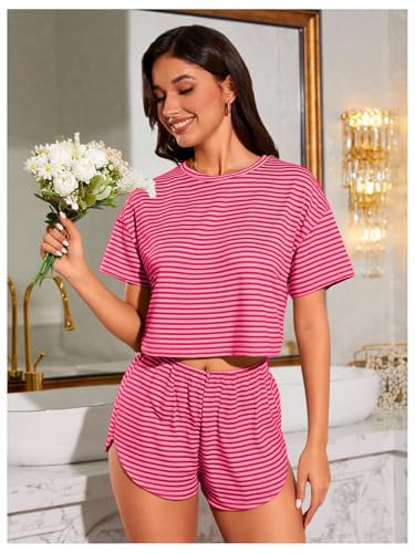 Image of OYOANGLE Womens Pajama Sets 2 Piece Sexy Lounge Sets Summer Cute Pjs Striped Print Tee and Side Split Shorts Set
