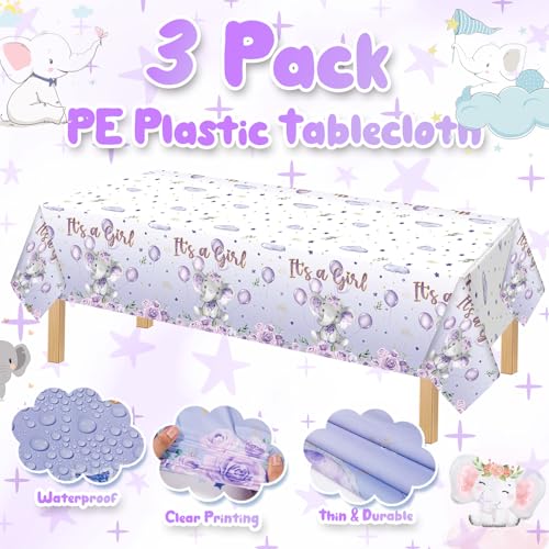 Image of Moukeren 3 Pack Elephant Tablecloth Baby Shower Decorations Plastic Table Cover Rectangle Table Decors for Boy Girl Gender Reveal Birthday Party Supplies, 54 x 108 Inch(Purple,Girl)