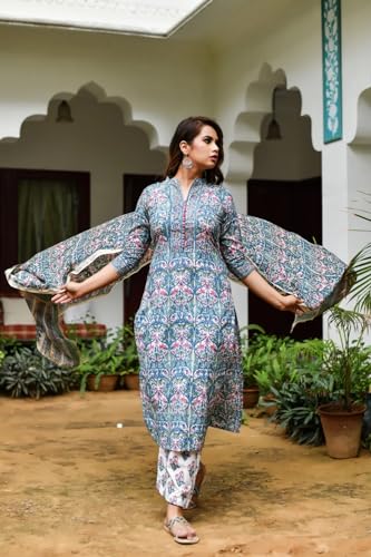 Image of Leriya Fashion Cotton Printed Kurta Sets for Woman | V Neck Festive Anarkali Suit for Women | Ethnic Kurta Set with Dupatta for Women | Wedding Kurti Set for Woman